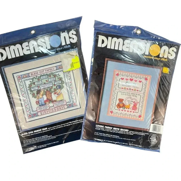 Lot of 2 Dimensions Counted Cross Stitch Vintage Loving Family Birth 80s 90s - Picture 1 of 9